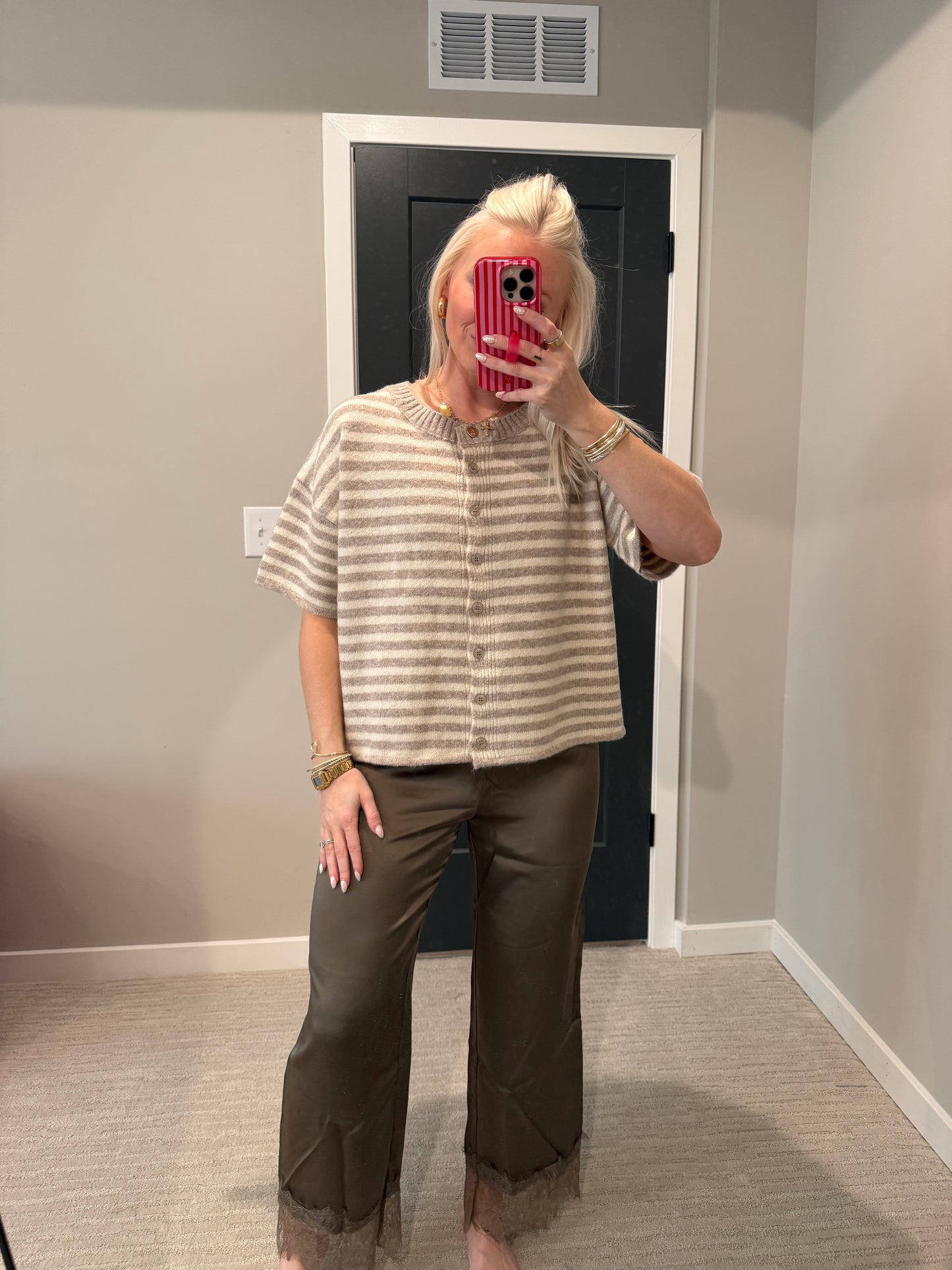 Bailey Beige Striped Button-Up