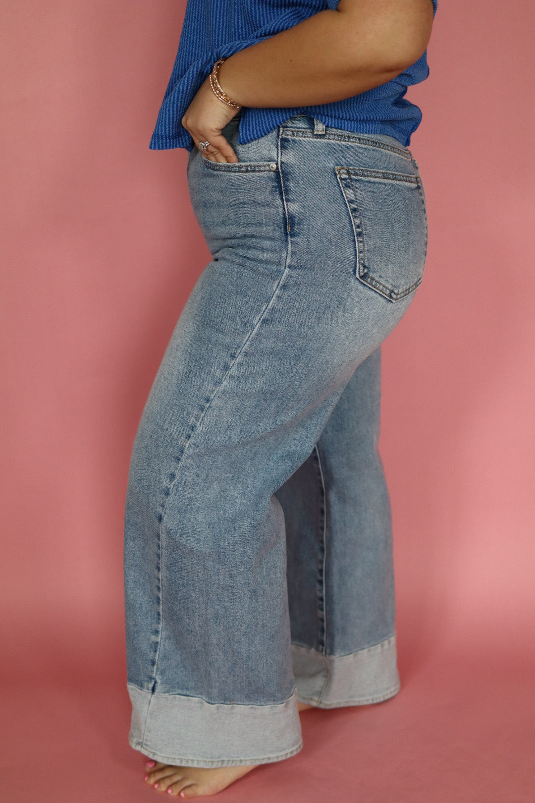 Two Toned Hem Seamed Slim Wide Leg Denim