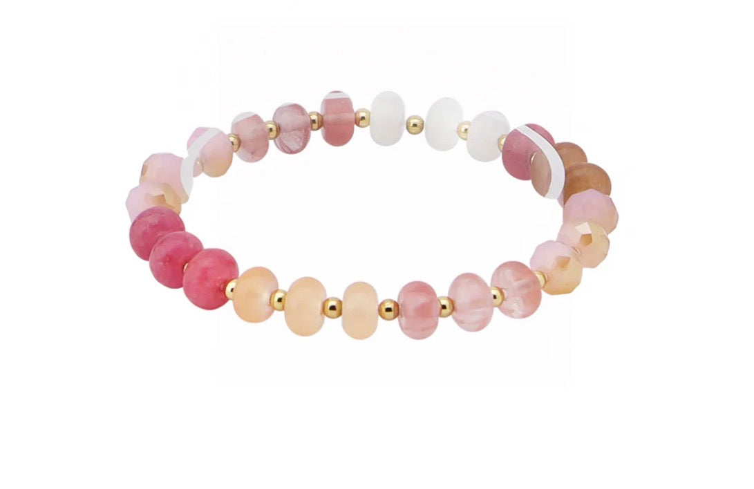Pink and Red Natural Stone Beaded Stretch Bracelet