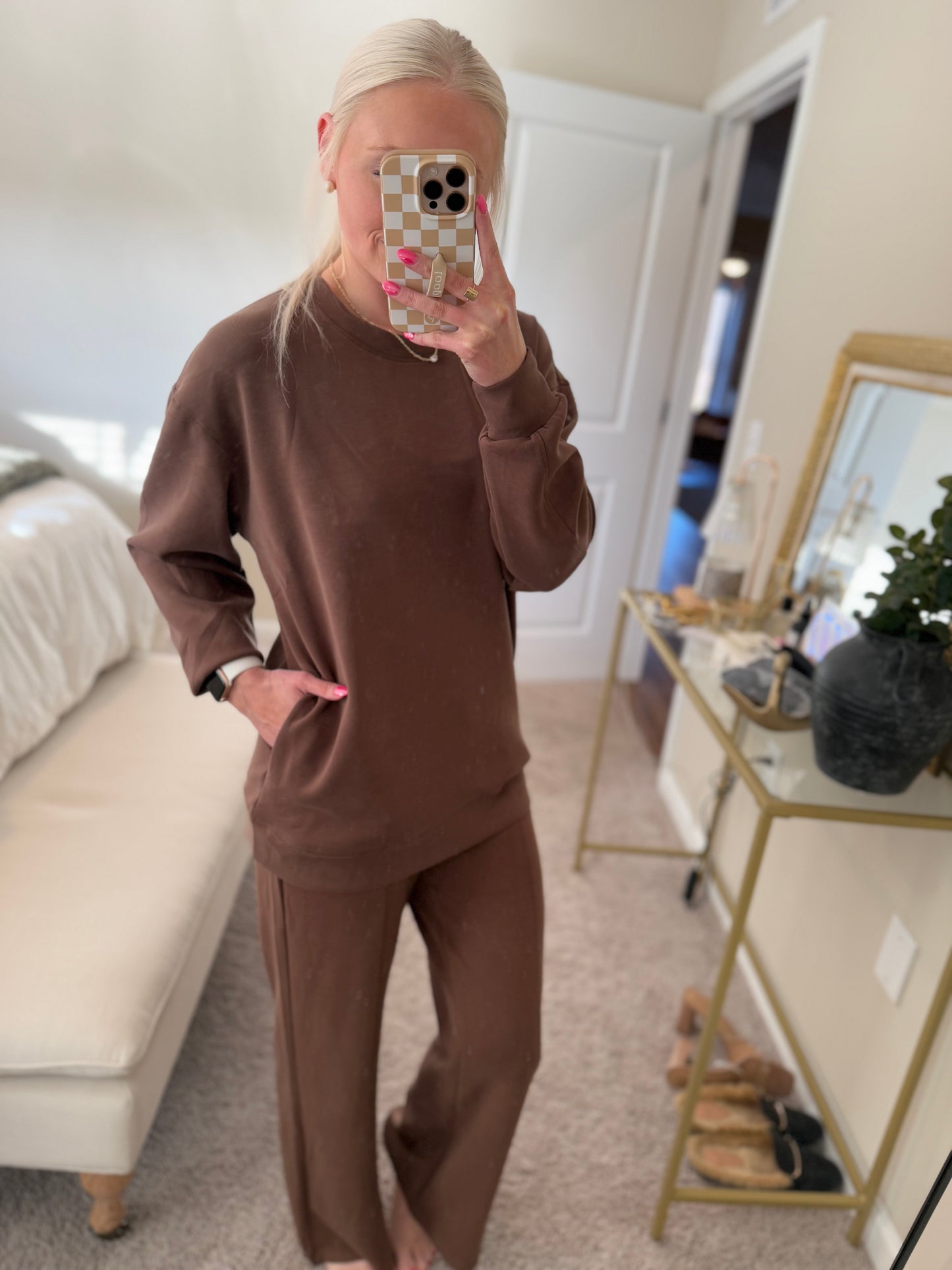 Mocha Scuba Crew & Pintuck Pant Set