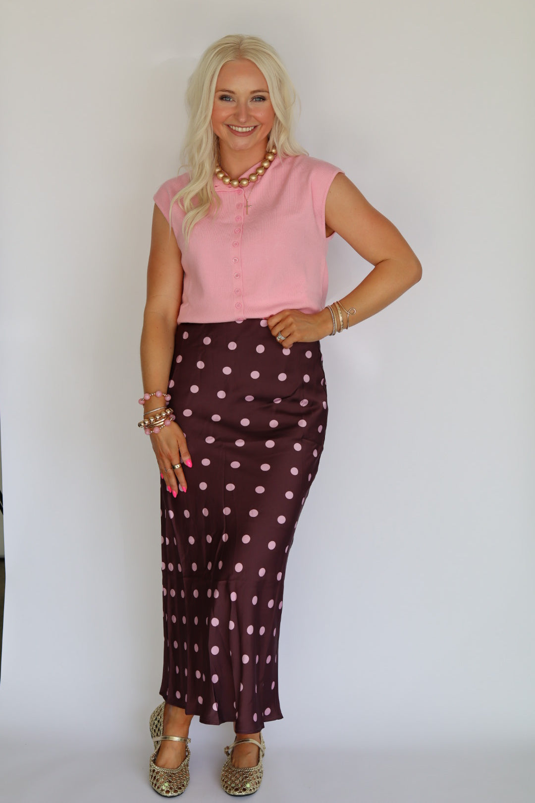 Plum Polka Dot Midi Skirt