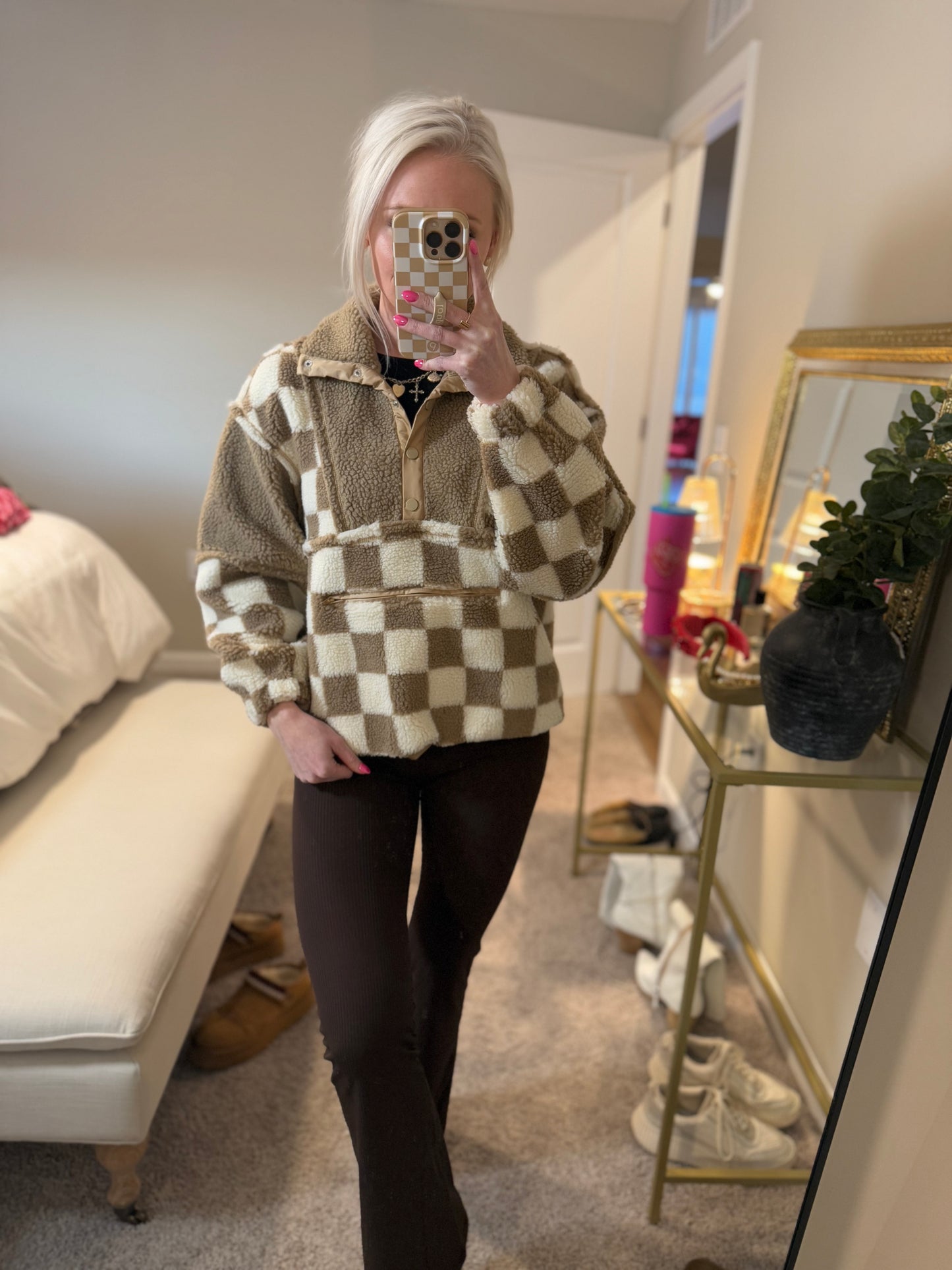 Taupe Checkered Sherpa Pullover