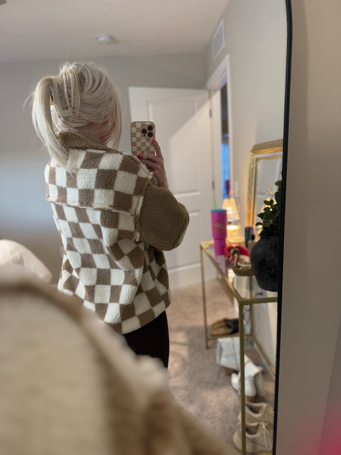 Taupe Checkered Sherpa Pullover