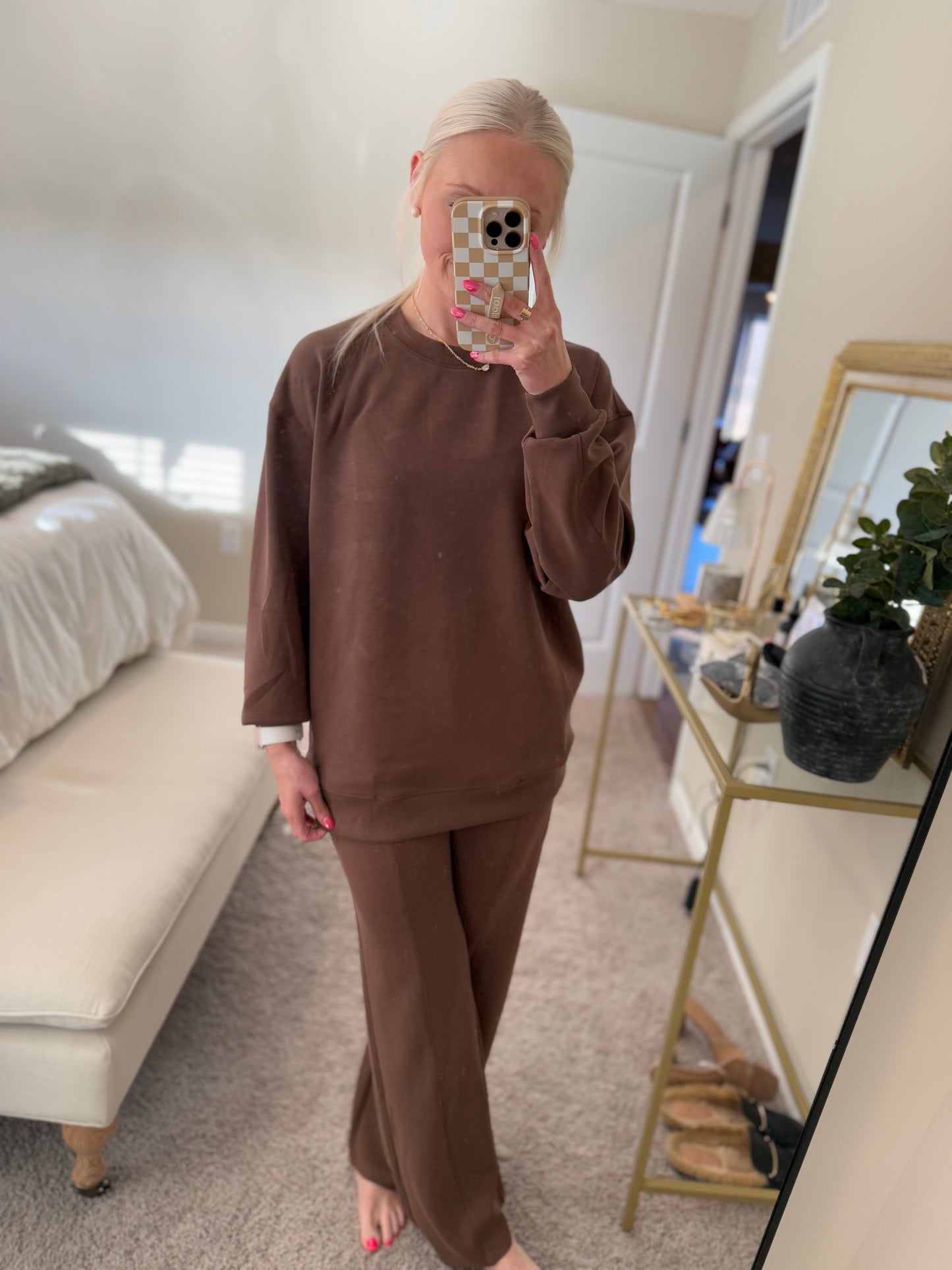 Mocha Scuba Crew & Pintuck Pant Set