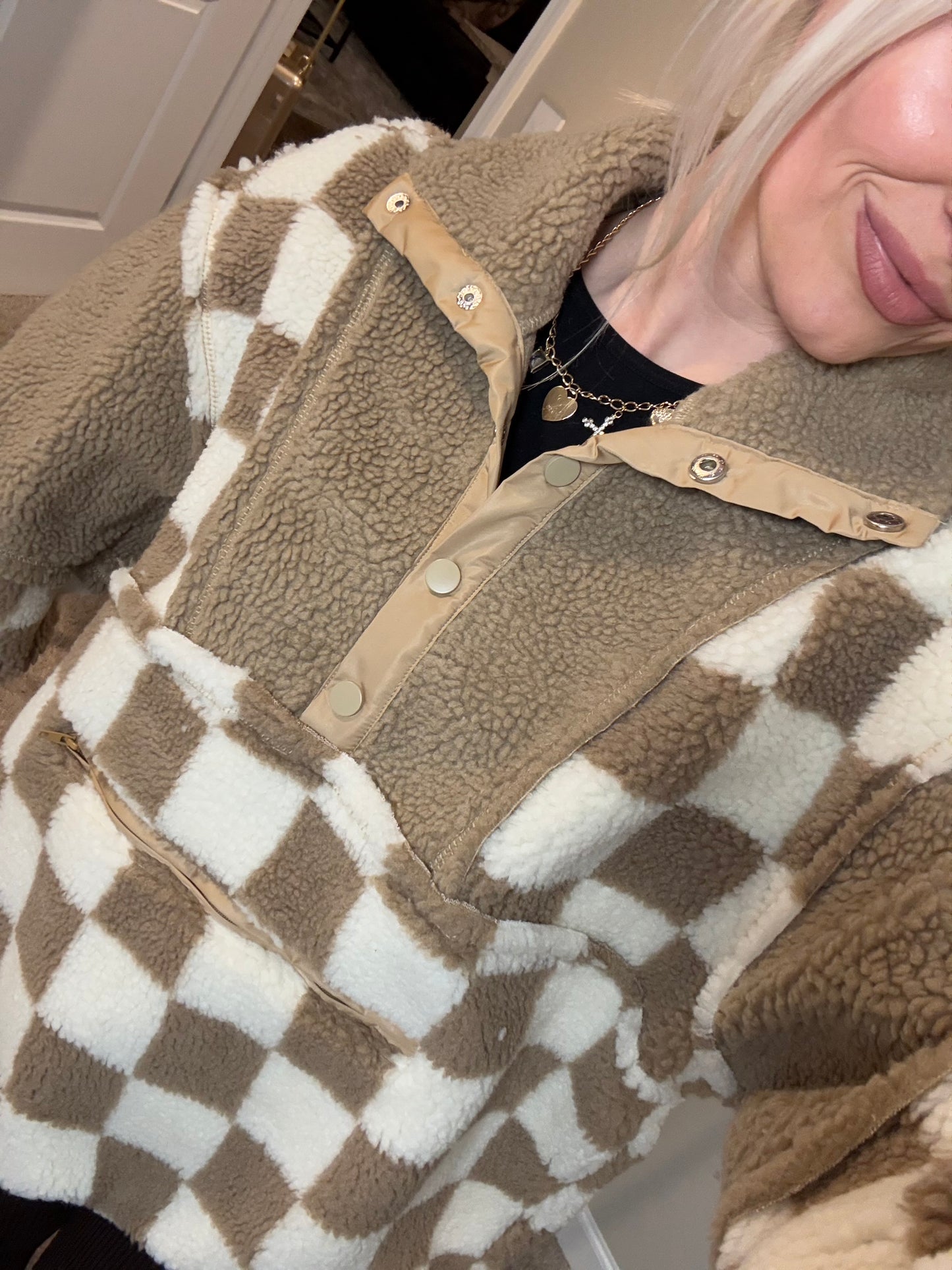 Taupe Checkered Sherpa Pullover