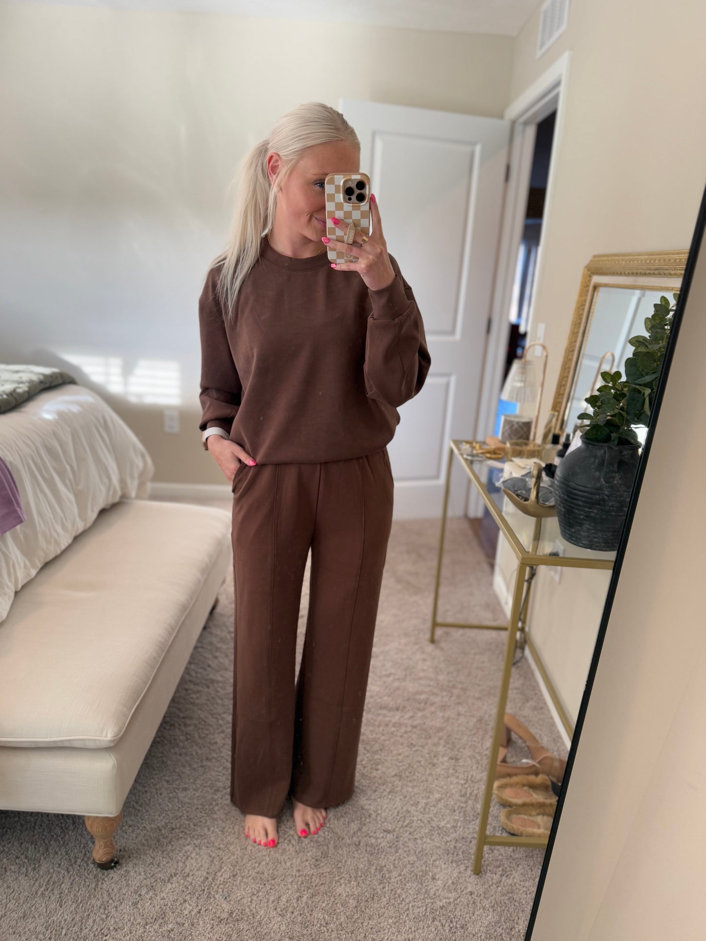 Mocha Scuba Crew & Pintuck Pant Set