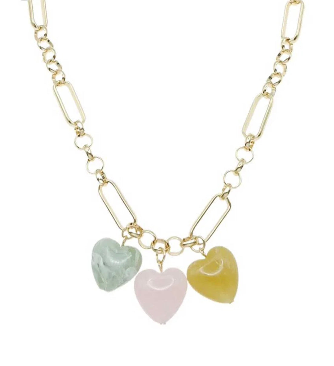 Gold Chain with Pink, Green, and Orange Acrylic Heart Charms 16"-18" Necklace