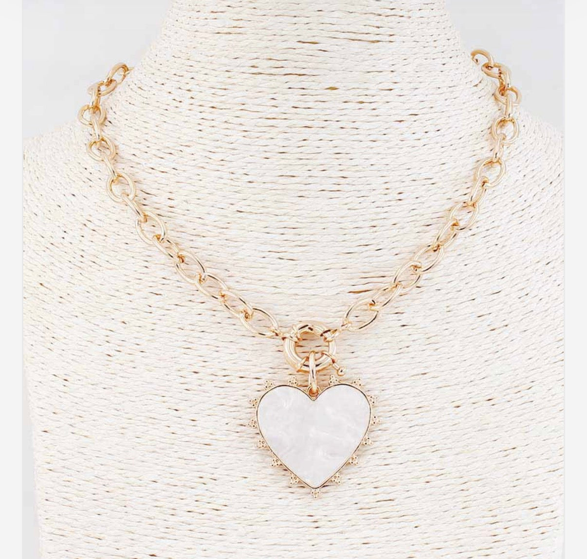 Gold Chain with Studded Pearlized Heart Charm 16"-18" Necklace