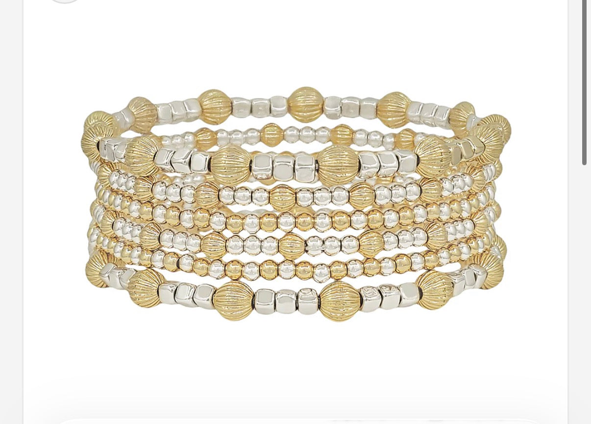 Water Resistant Set of 6 5MM and 3MM Gold and Silver Beaded Stretch Bracelets