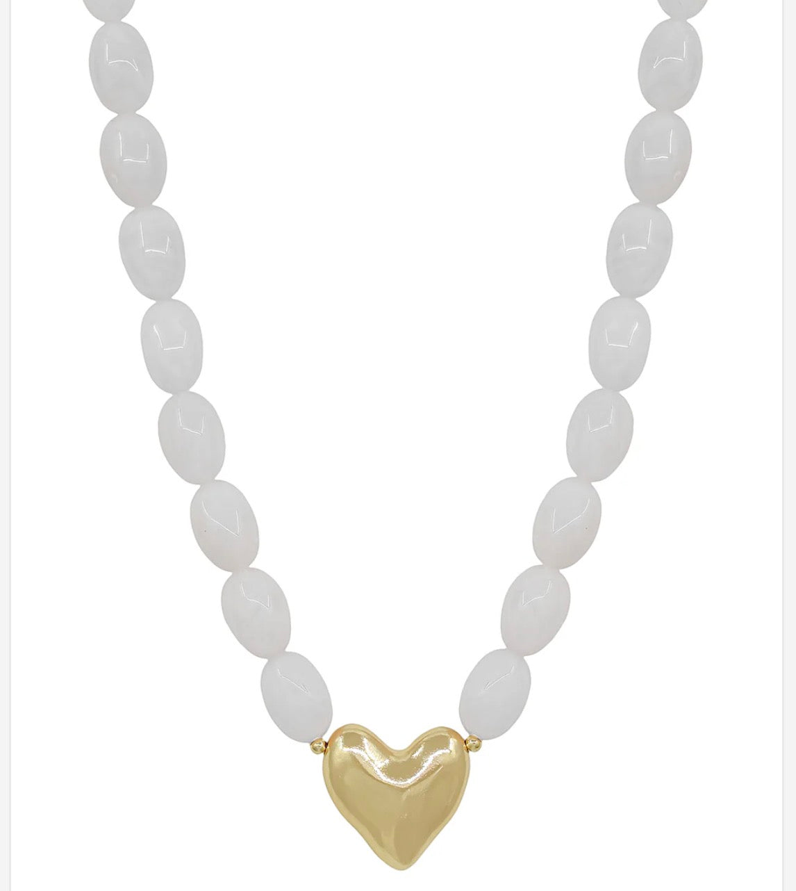 White Acrylic Oval Beaded with Gold Heart 16"-18" Necklace
