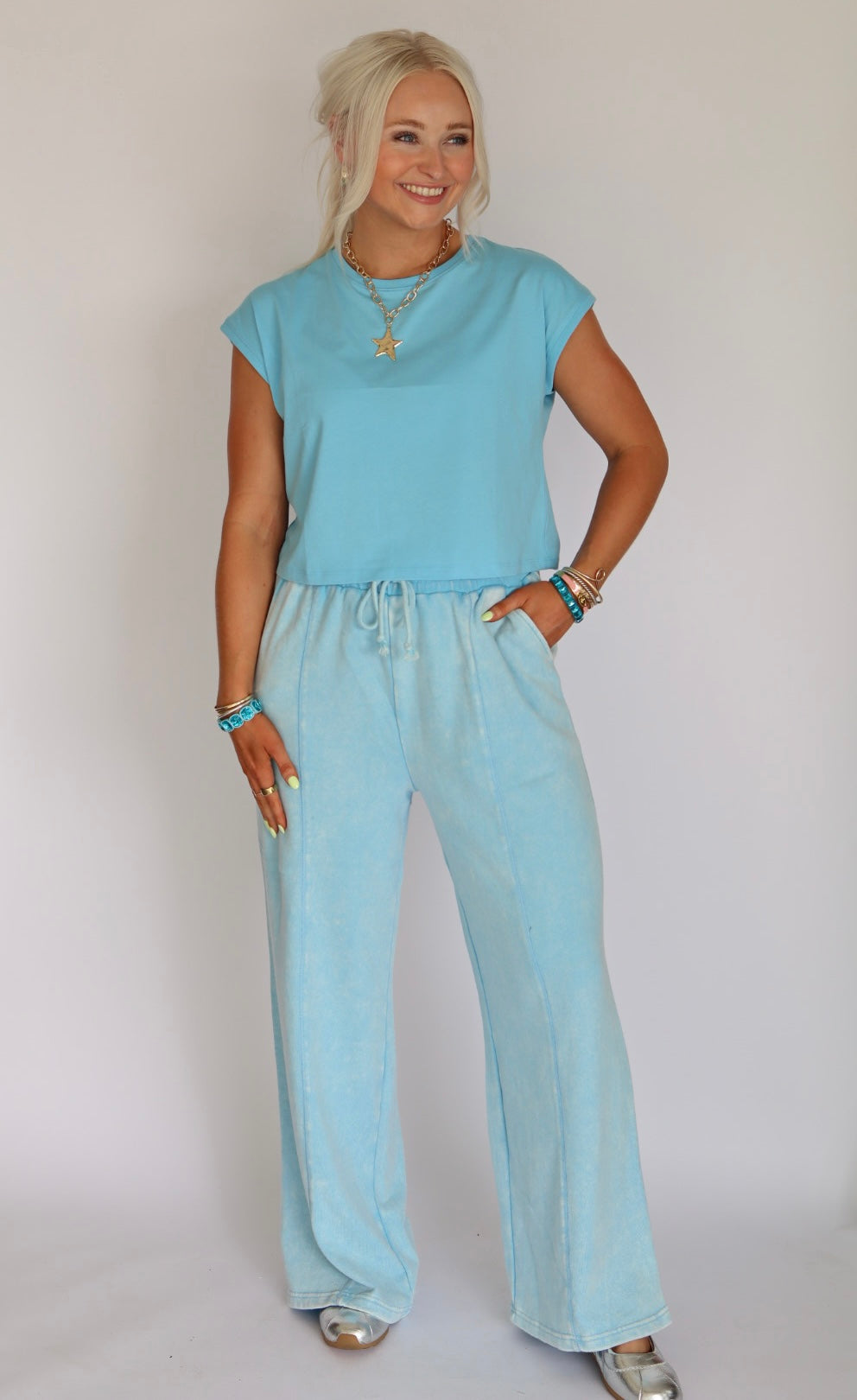 Teal Acid Wash Blue Comfy Pant