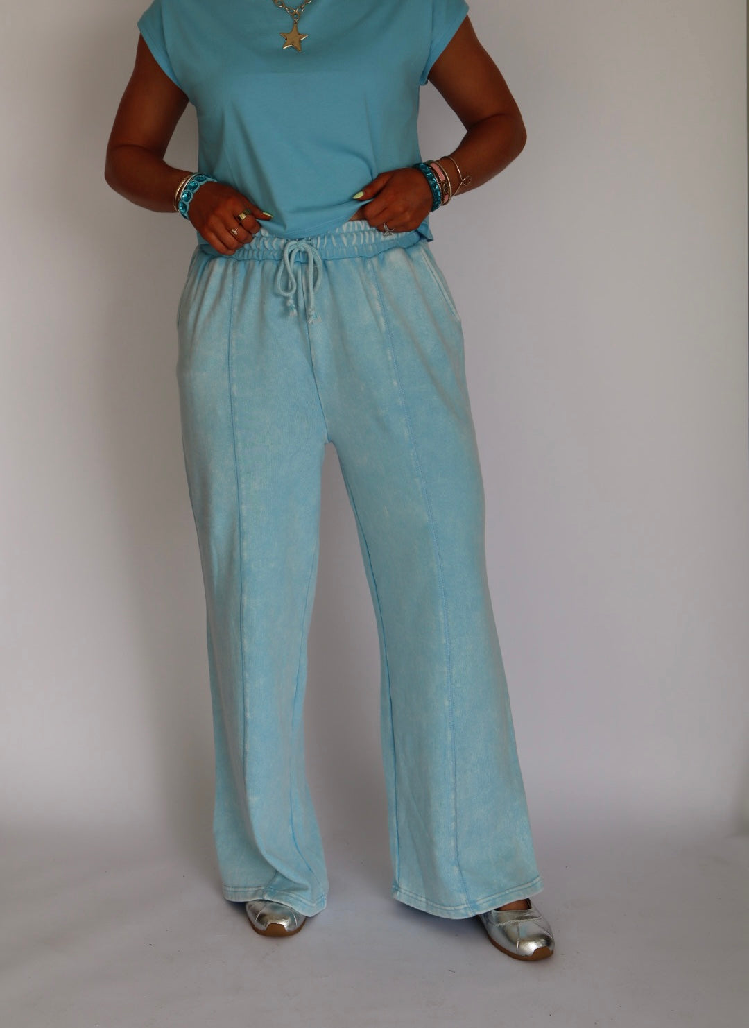 Teal Acid Wash Blue Comfy Pant