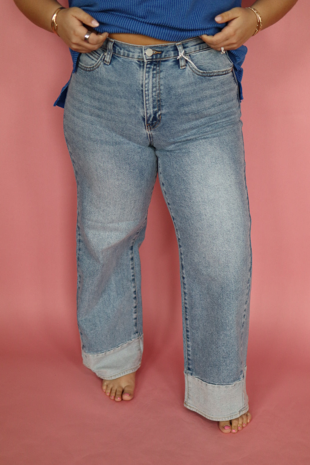 Two Toned Hem Seamed Slim Wide Leg Denim