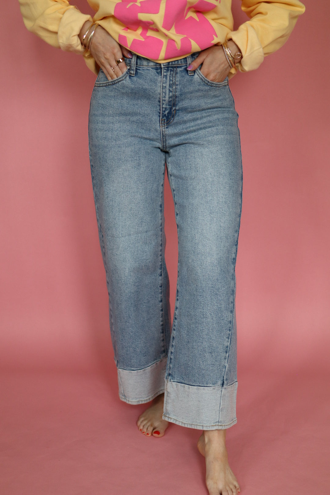Two Toned Hem Seamed Slim Wide Leg Denim