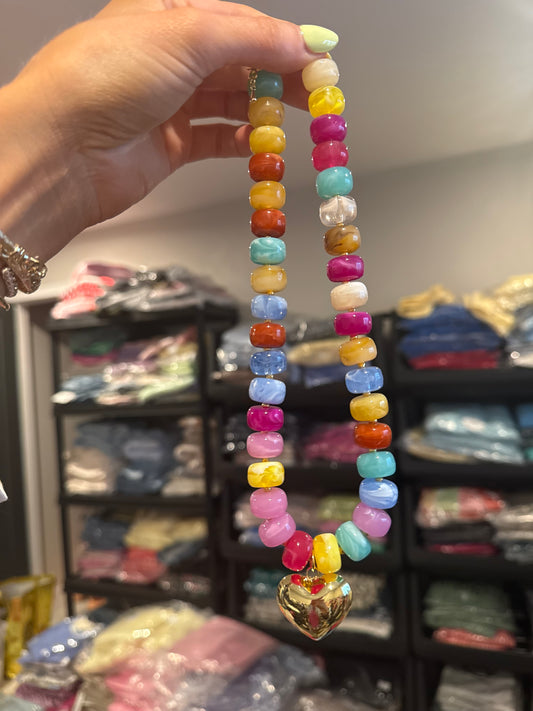 Colorful Stone & Gold Heart Necklace