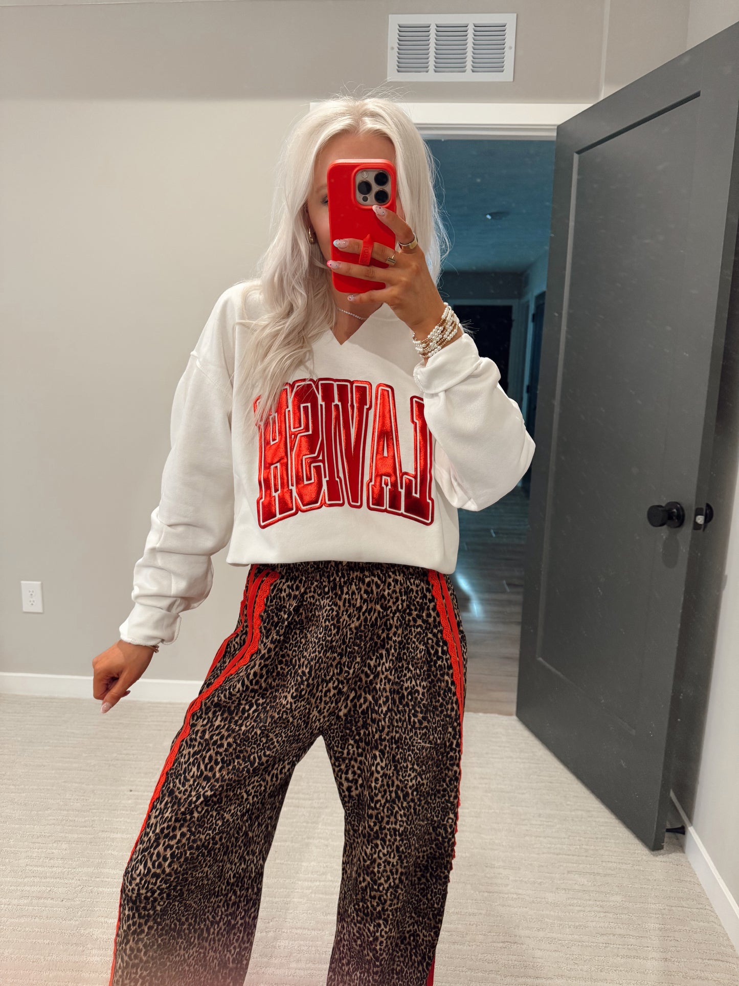 LAVISH Metallic Red Puff Vinyl on White Vneck