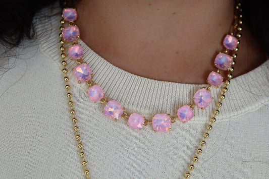 Pastel Pink Squared Glass Crystal and Gold Chain 16"-18" Necklace