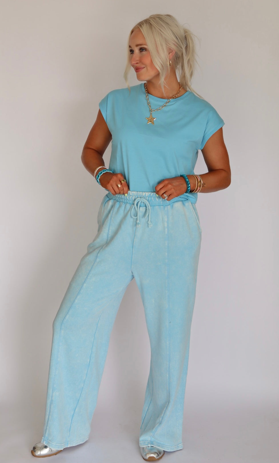 Teal Acid Wash Blue Comfy Pant