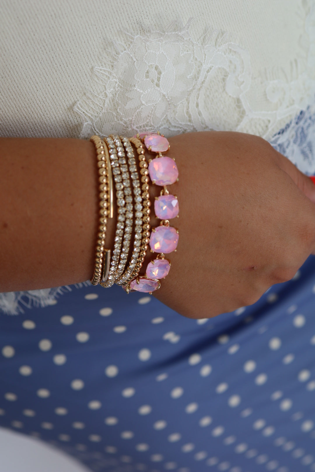 Water Resistant Set of 5 Rhinestone Tennis Chain with 4MM Beaded Stretch Bracelet