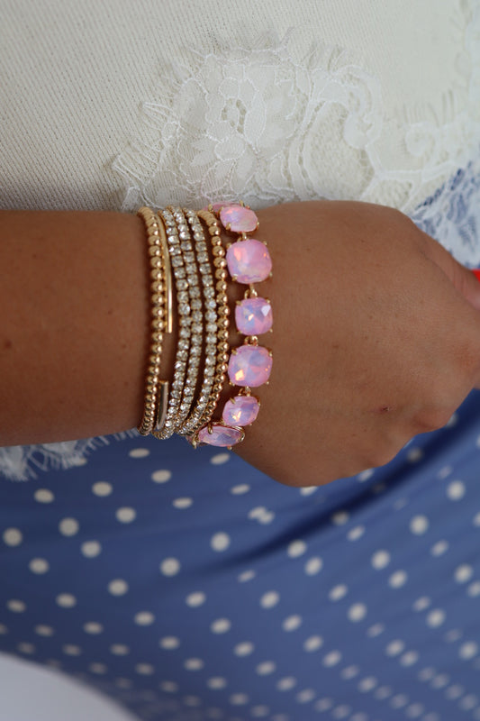 Water Resistant Set of 5 Rhinestone Tennis Chain with 4MM Beaded Stretch Bracelet