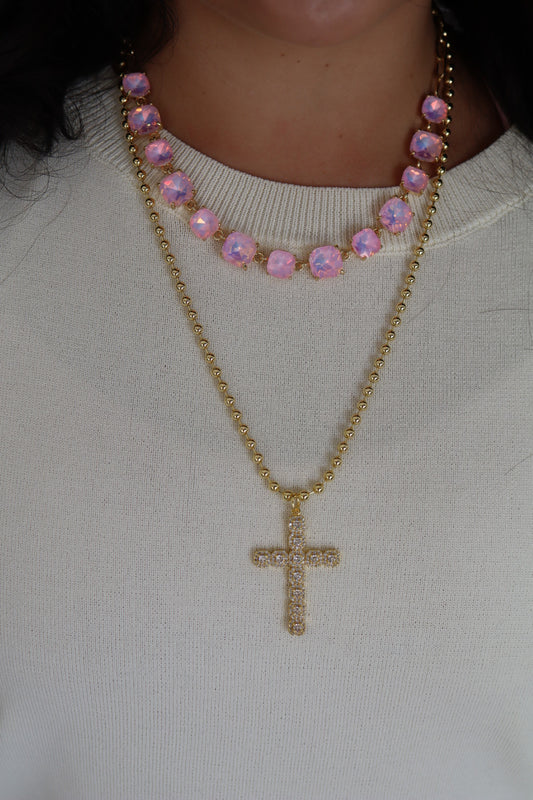 Crystal & Beaded Cross Chain Necklace