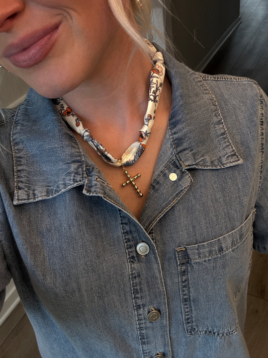 Beige & Navy Cross Scarf Necklace