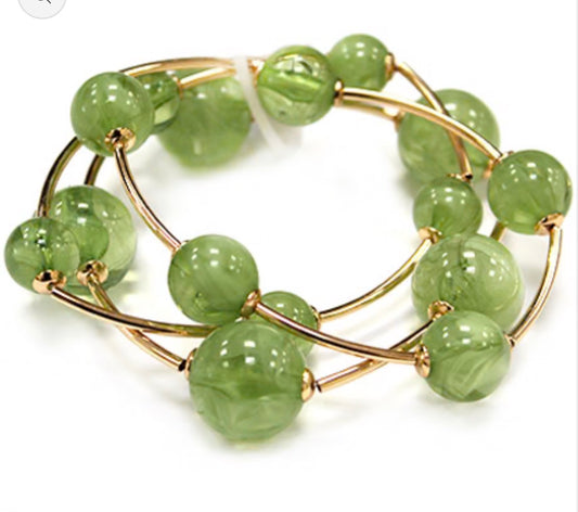 Green Beaded with Gold Bar Set of 3 Stretch Bracelet