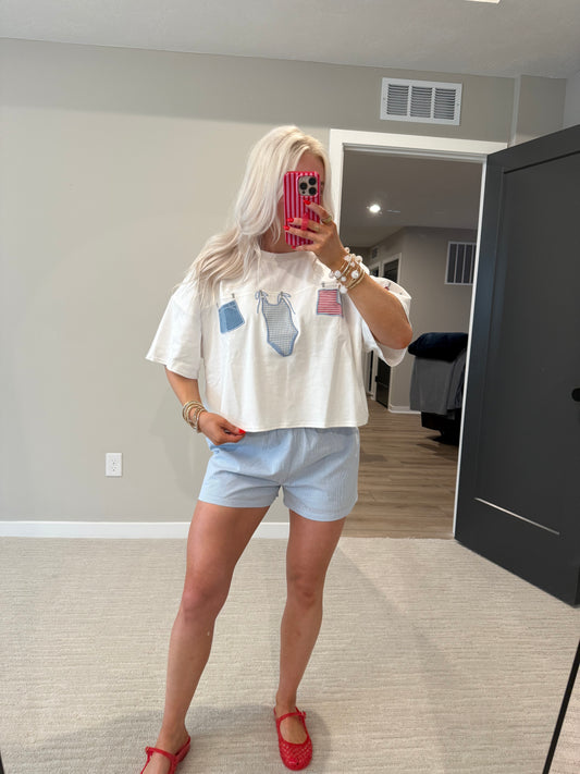 Sky & White Stripe Short