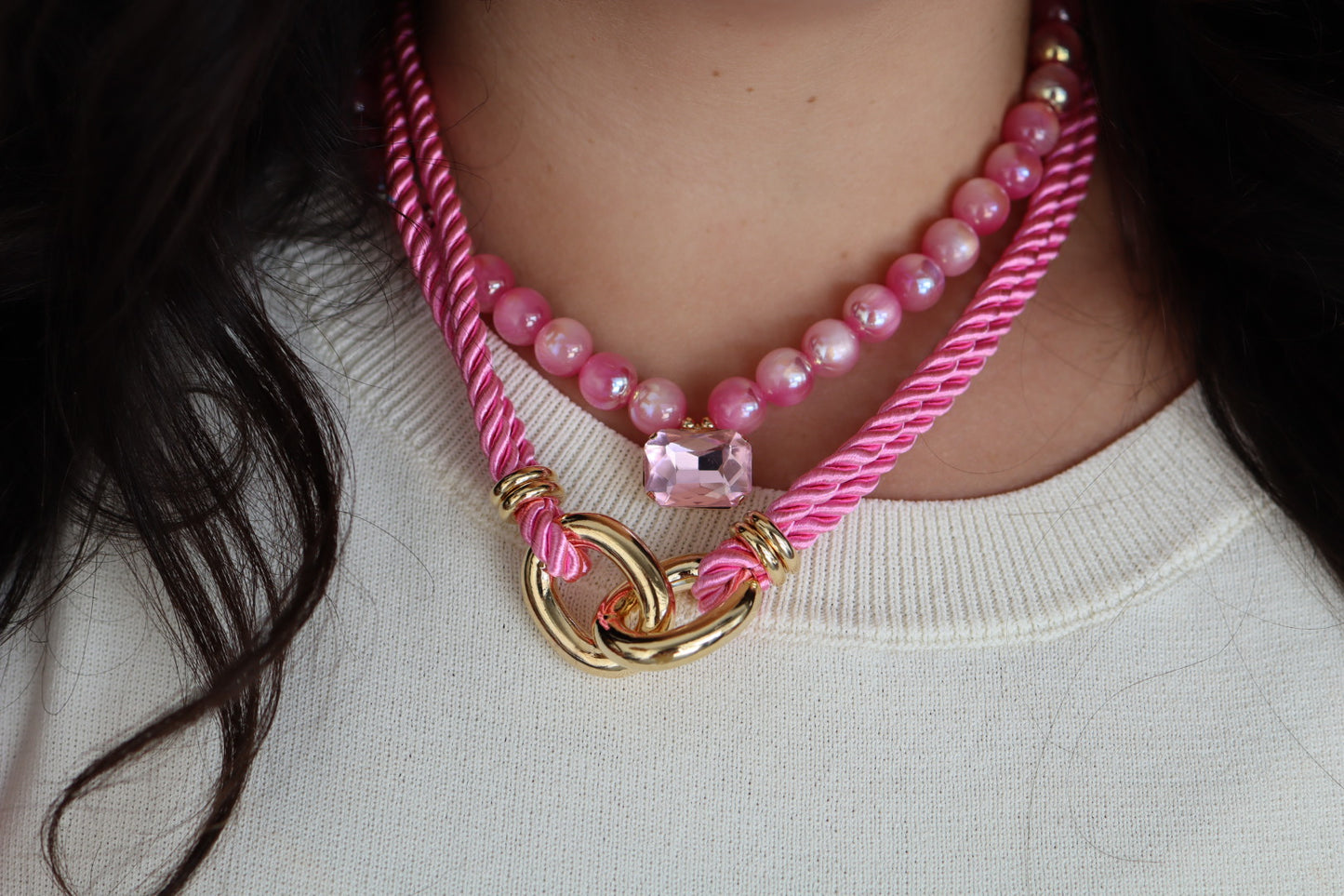 Gold & Pink Rope Necklace