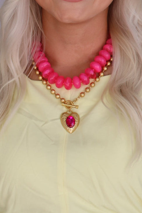 Hot Pink Crystal Heart Necklace