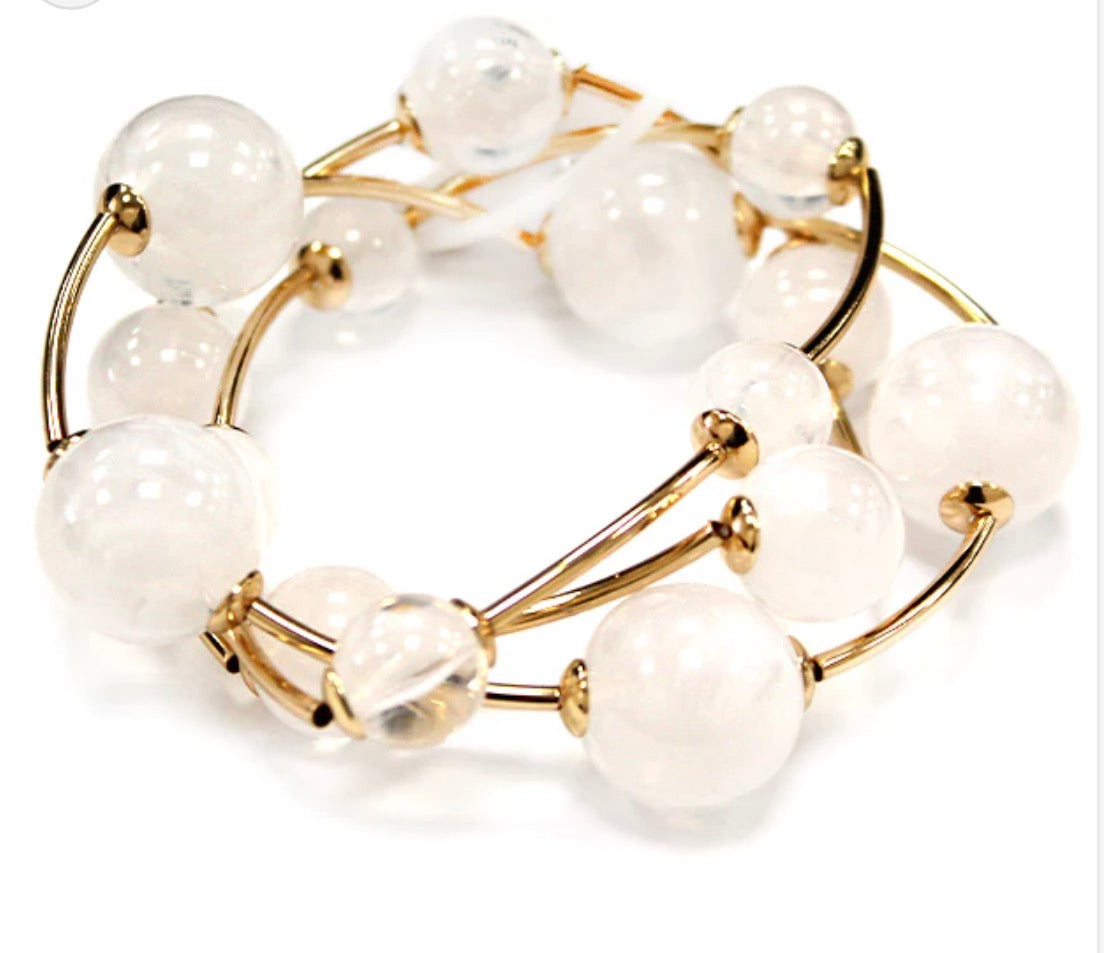 White Beaded with Gold Bar Set of 3 Stretch Bracelet