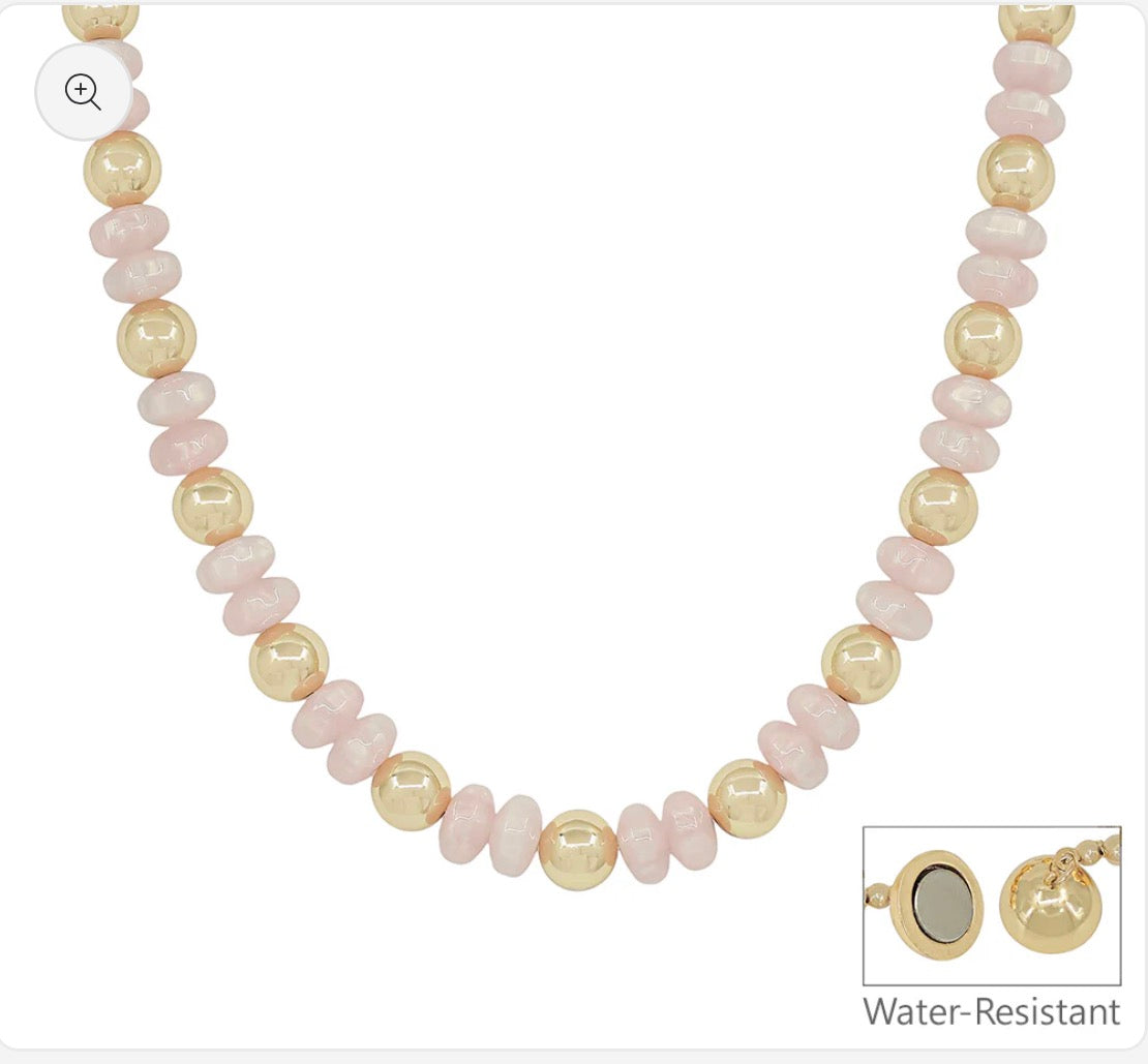Water resistant Blush Pink Acrylic and Gold Beaded 16"-18" Necklace