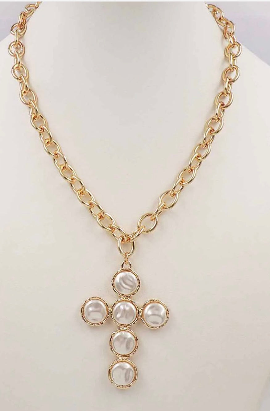 Gold Chain with Coin Pearl Cross 1.75" Charm Necklace