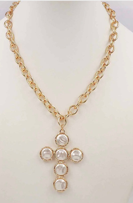 Gold Chain with Coin Pearl Cross 1.75" Charm Necklace
