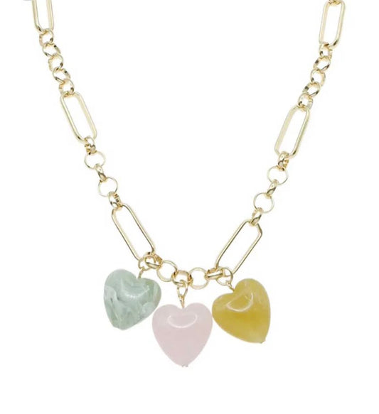 Gold Chain with Pink, Green, and Orange Acrylic Heart Charms 16"-18" Necklace
