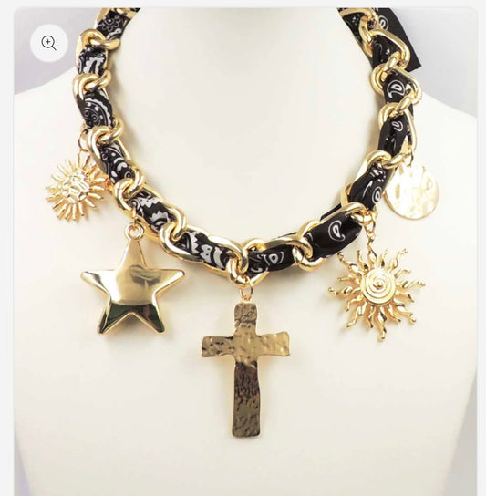 Black Chunky Charm Scarf Necklace