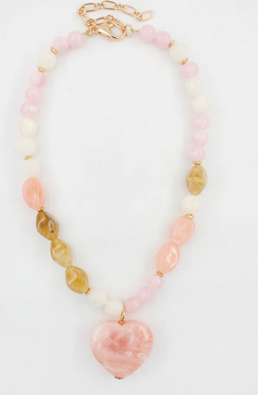 Pink, White, Cream Acrylic Beaded with Pink Heart Charm 16"-18" Necklace