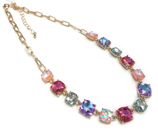 Pastel Multi Squared Glass Crystal and Gold Chain 16"-18" Necklace