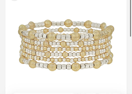 Water Resistant Set of 6 5MM and 3MM Gold and Silver Beaded Stretch Bracelets