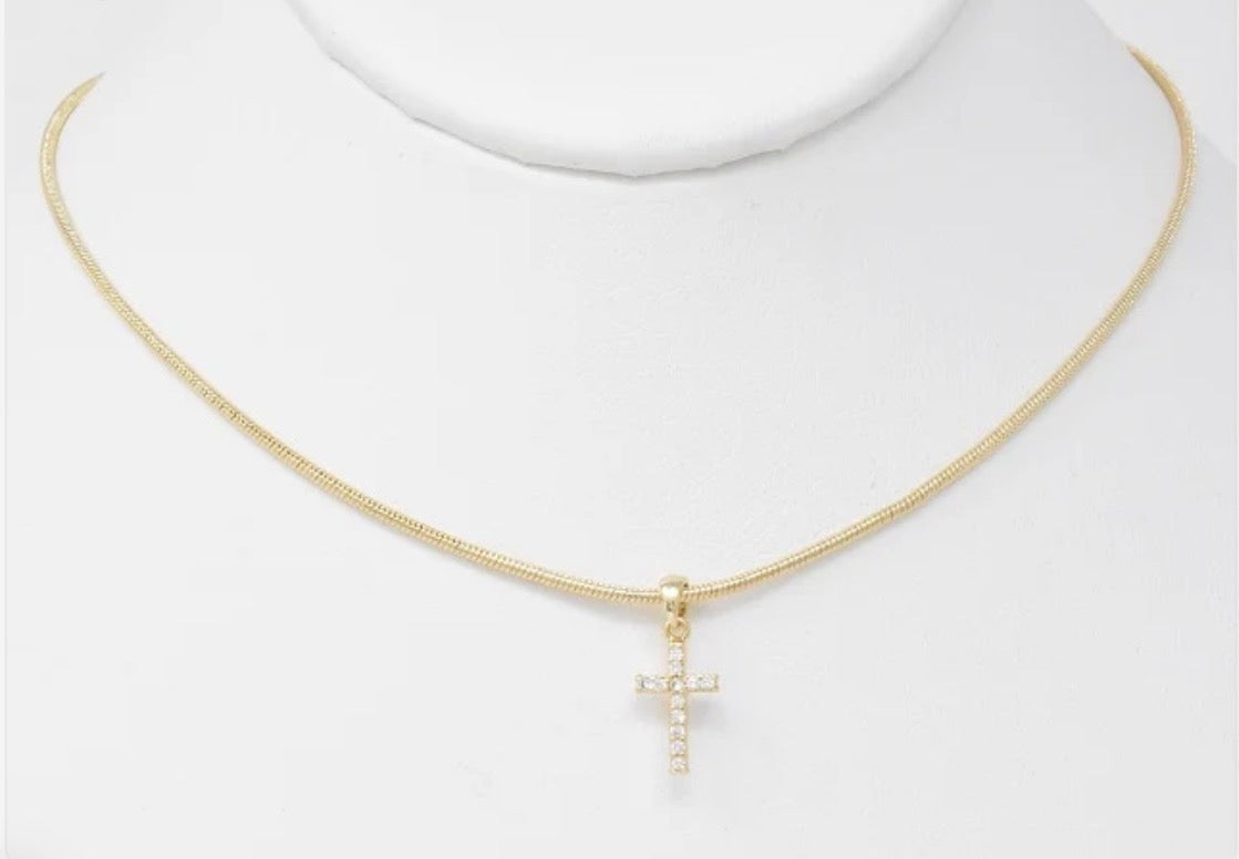 Gold Snake Chain with Rhinestone Cross 16"-18" Necklace
