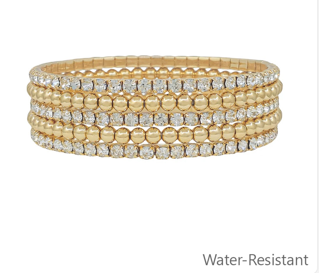 Water Resistant Set of 5 Rhinestone Tennis Chain with 4MM Beaded Stretch Bracelet