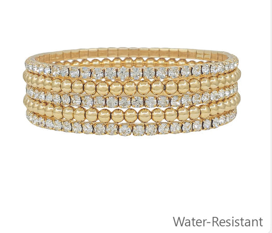 Water Resistant Set of 5 Rhinestone Tennis Chain with 4MM Beaded Stretch Bracelet