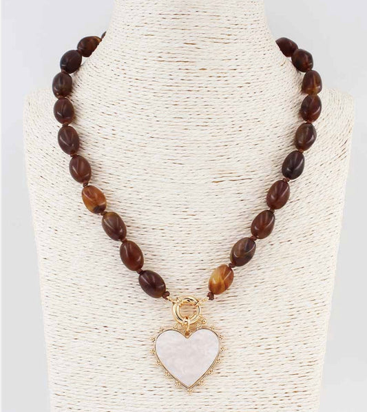 Brown Beaded Natural Stone with Pearlized Heart Charm 16"-18" Necklace