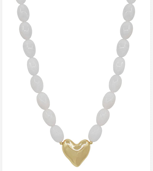 White Acrylic Oval Beaded with Gold Heart 16"-18" Necklace
