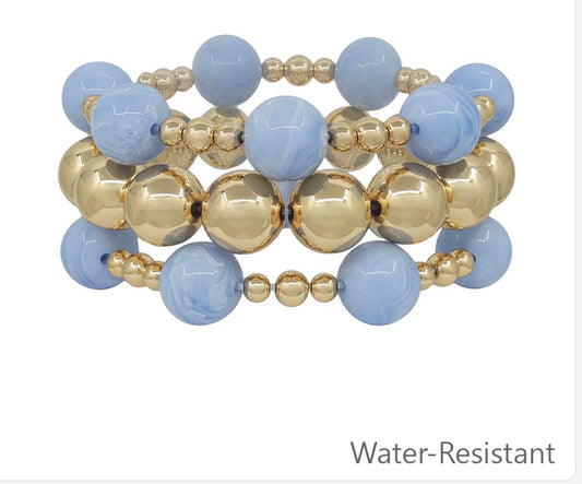 Blue & Gold Beaded Stretch Bracelet- water resistant