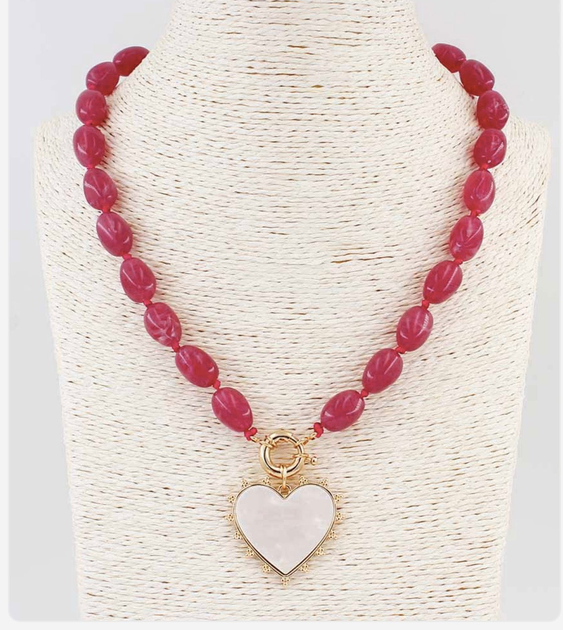 Hot Pink Beaded with Pearlized Heart 16"-18" Necklace