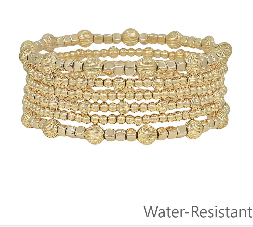 Water Resistant Set of 6 5MM and 3MM Gold Beaded Stretch Bracelets