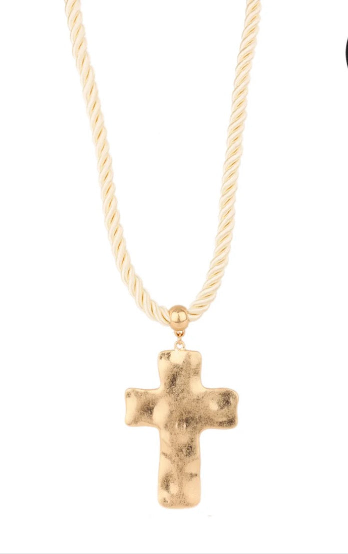Ivory Twisted Rope with Large 3" Gold Cross 16"-18" Necklace