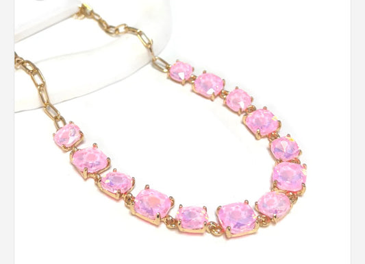Pastel Pink Squared Glass Crystal and Gold Chain 16"-18" Necklace