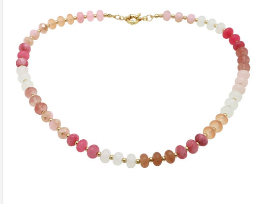 Red and Pink and Crystal Beaded 17" Necklace